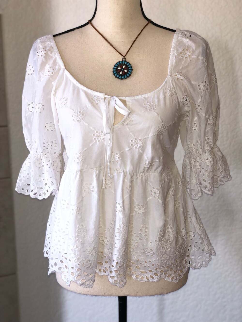 Patrons of Peace White Eyelet Embroidered Tie-Front Peplum Blouse